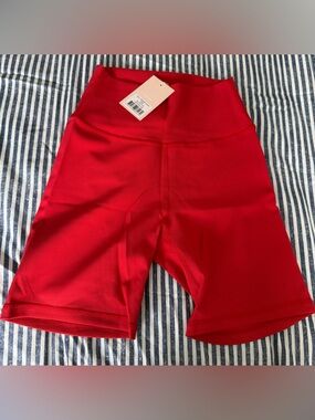 High-Waist Red Women's Bike Shorts with Wide Waistband